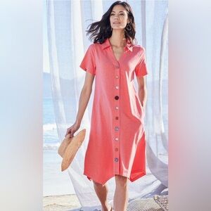 Soft‎ Surroundings Coral Button Front Dress XS Asymmetrical Hem Mixed Buttons